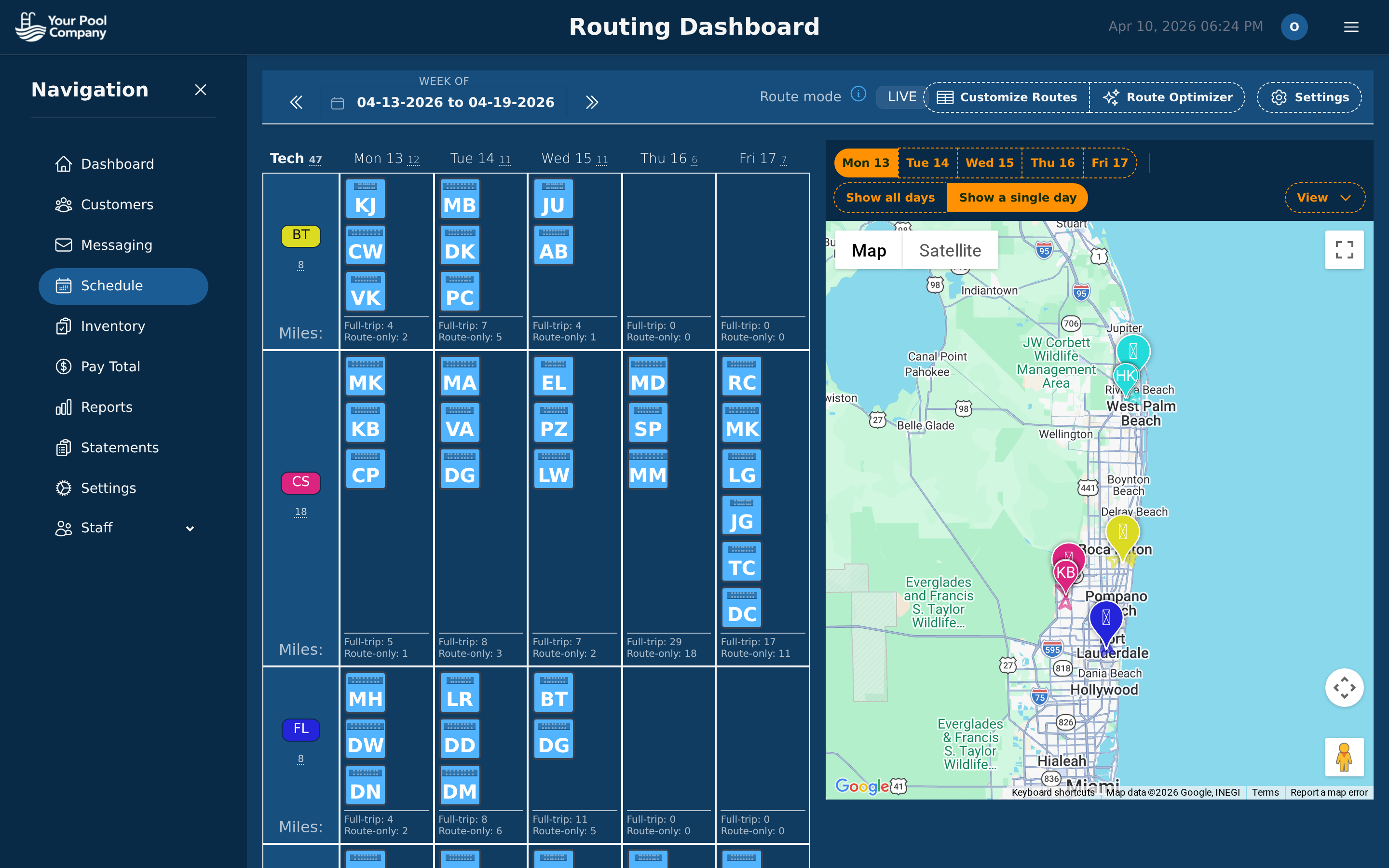 EZ Pool Biller routing dashboard with weekly calendar and map