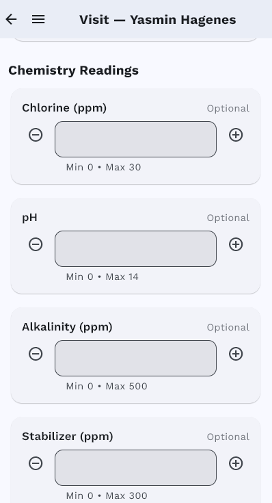 Chemistry readings for chlorine, pH, alkalinity, and stabilizer