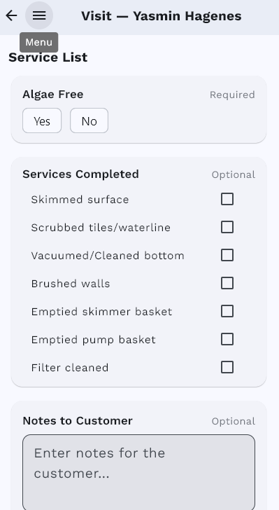 EZ Pool Biller mobile app service checklist