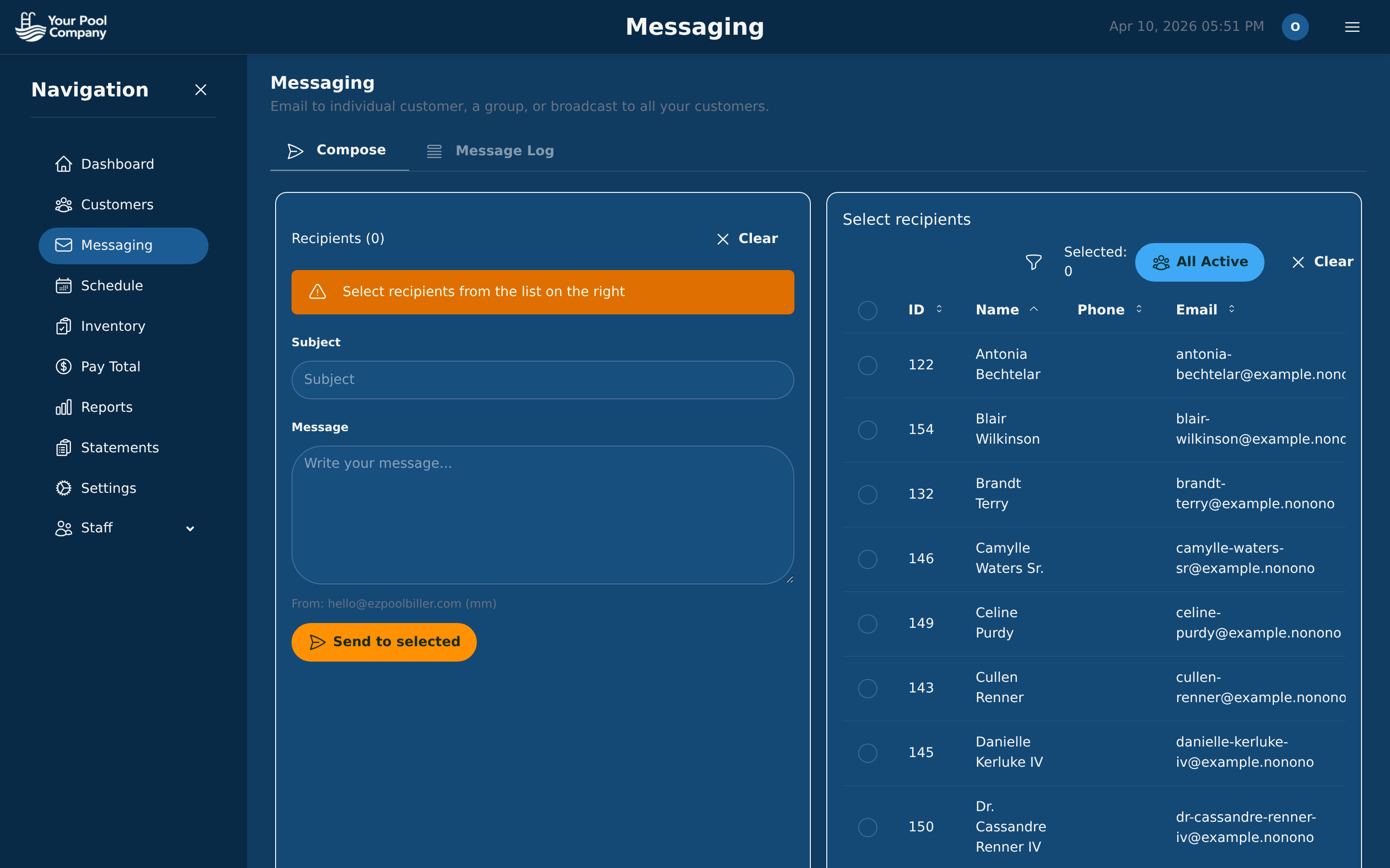 Messaging center for email and SMS communications with customers