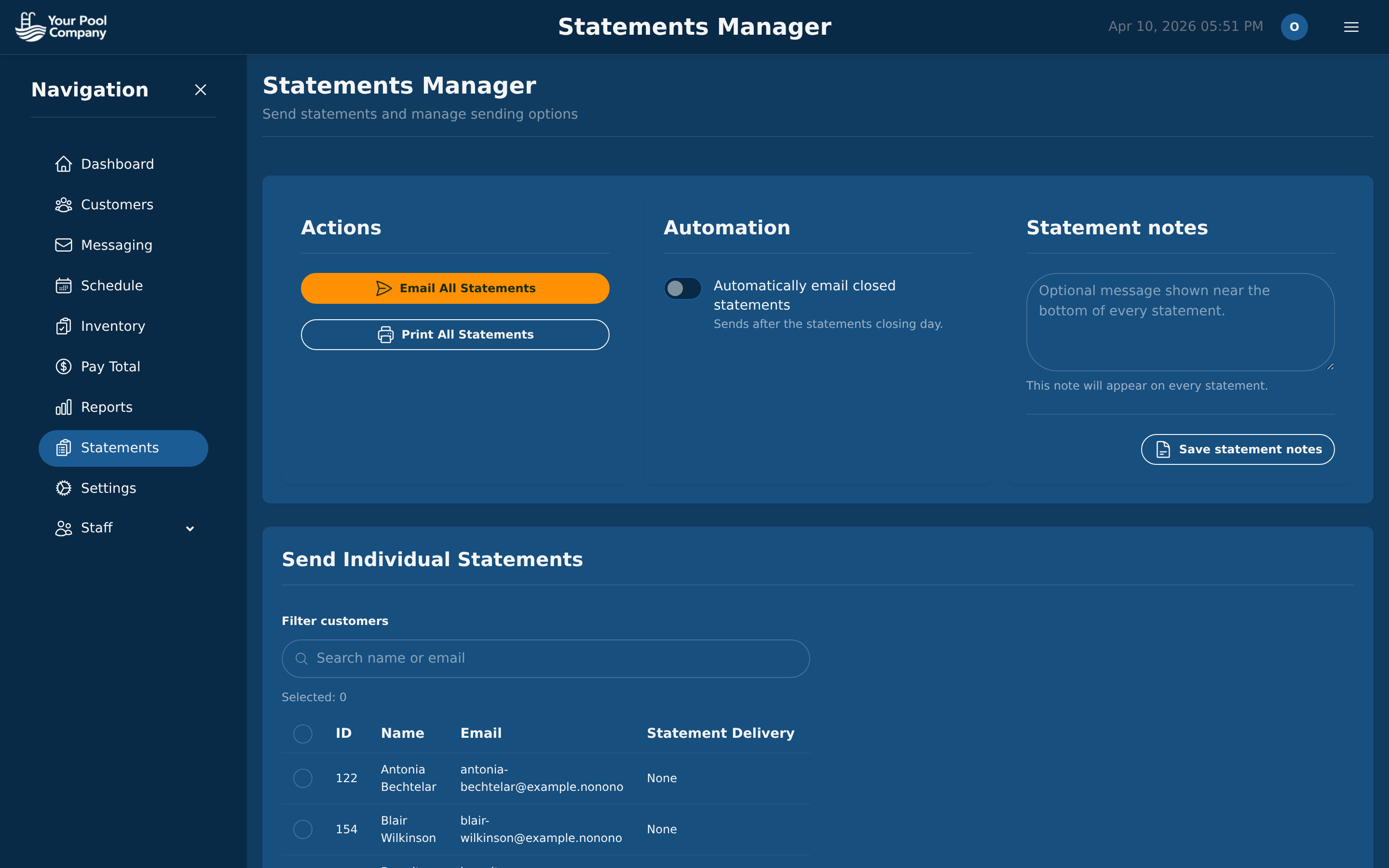 Statements Manager with email all, print all, and automation settings