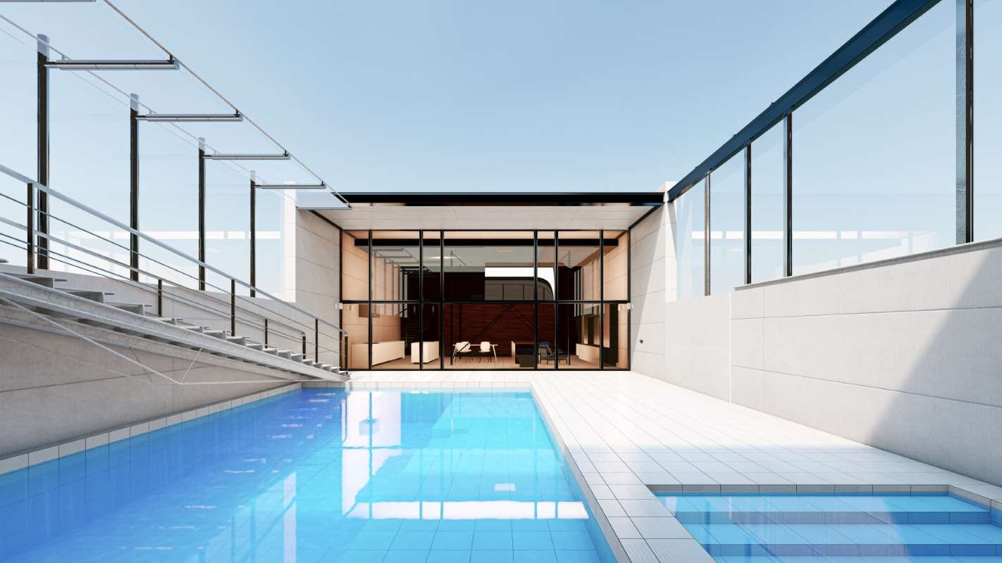 3D render of a modern house with a large open pool