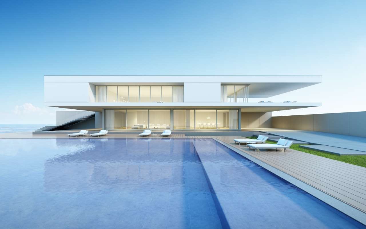3D render of a modern house with a swimming pool