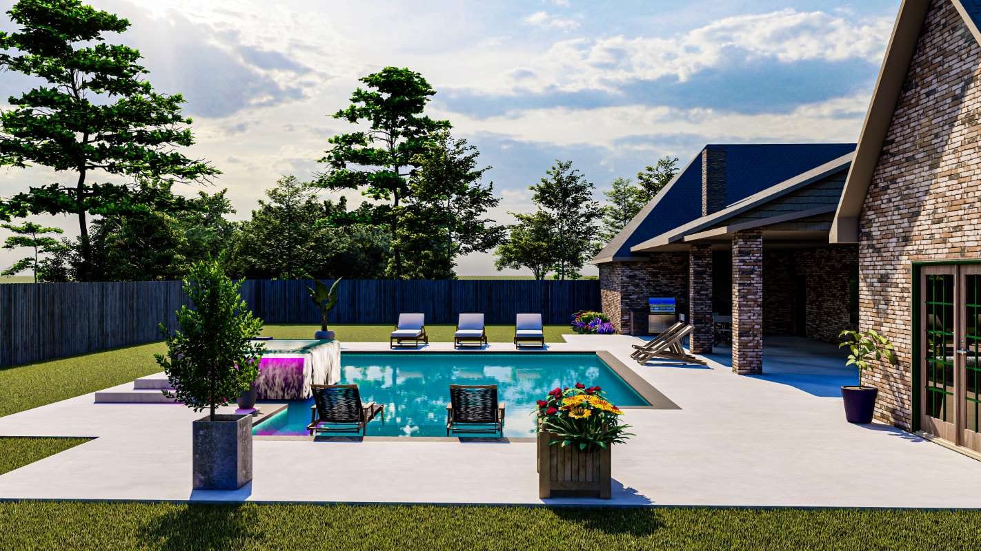 3D rendered backyard with pool, jacuzzi, and pool house