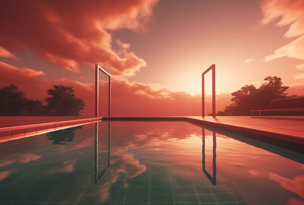 Swimming pool outside at sunset with calm water and warm evening light