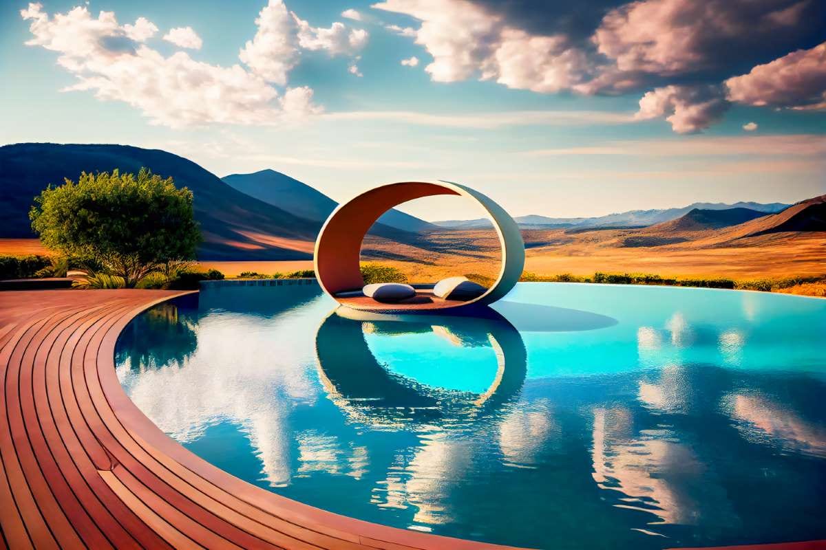 Luxury outdoor swimming pool with clear blue water and patio surroundings