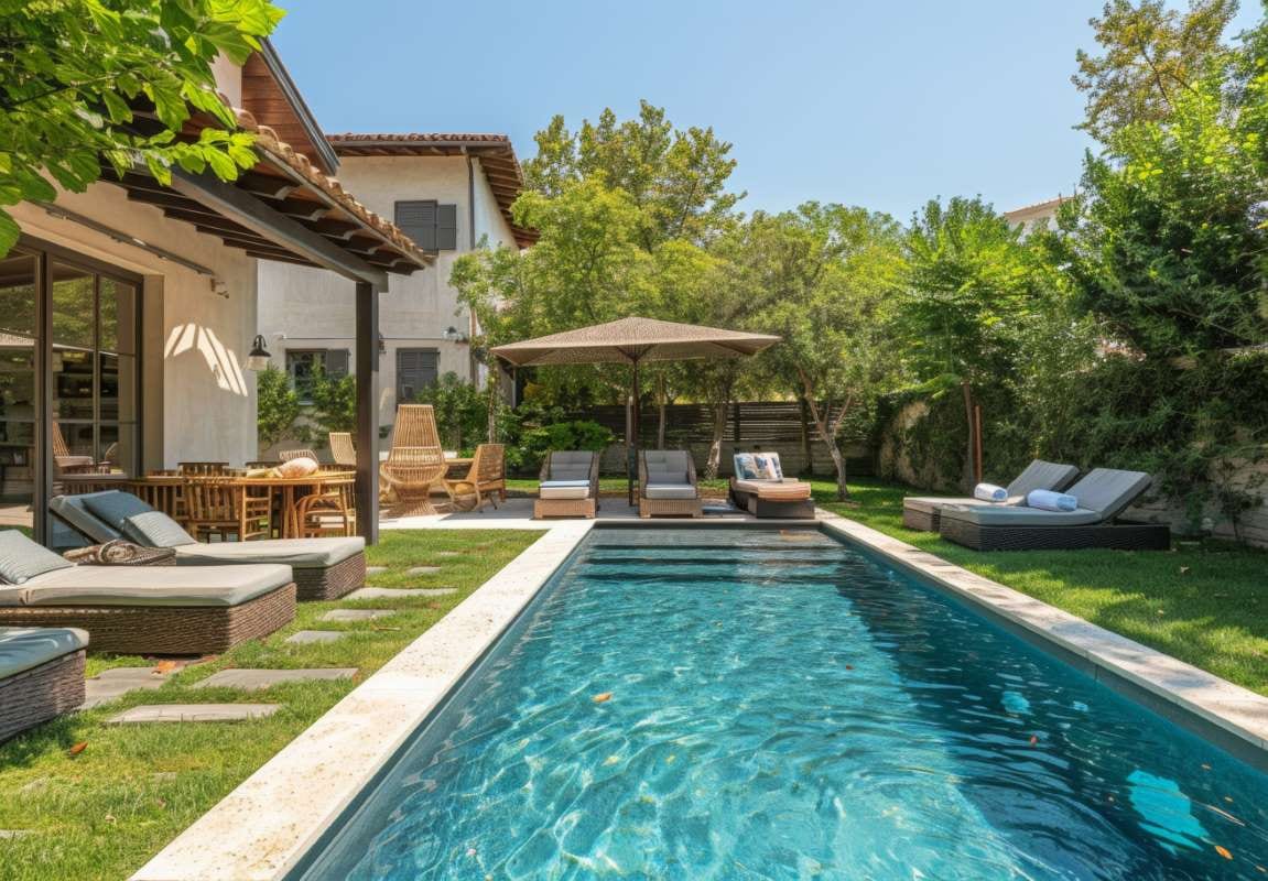 Landscaped backyard with pool, sun loungers, and shaded dining area for relaxation and entertaining
