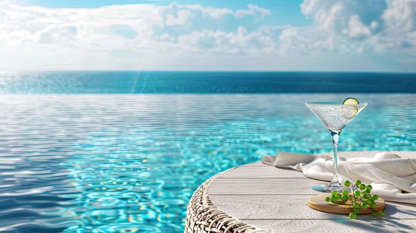 Crystal-clear cocktail glass on a pool deck with blue water and sunlight reflections