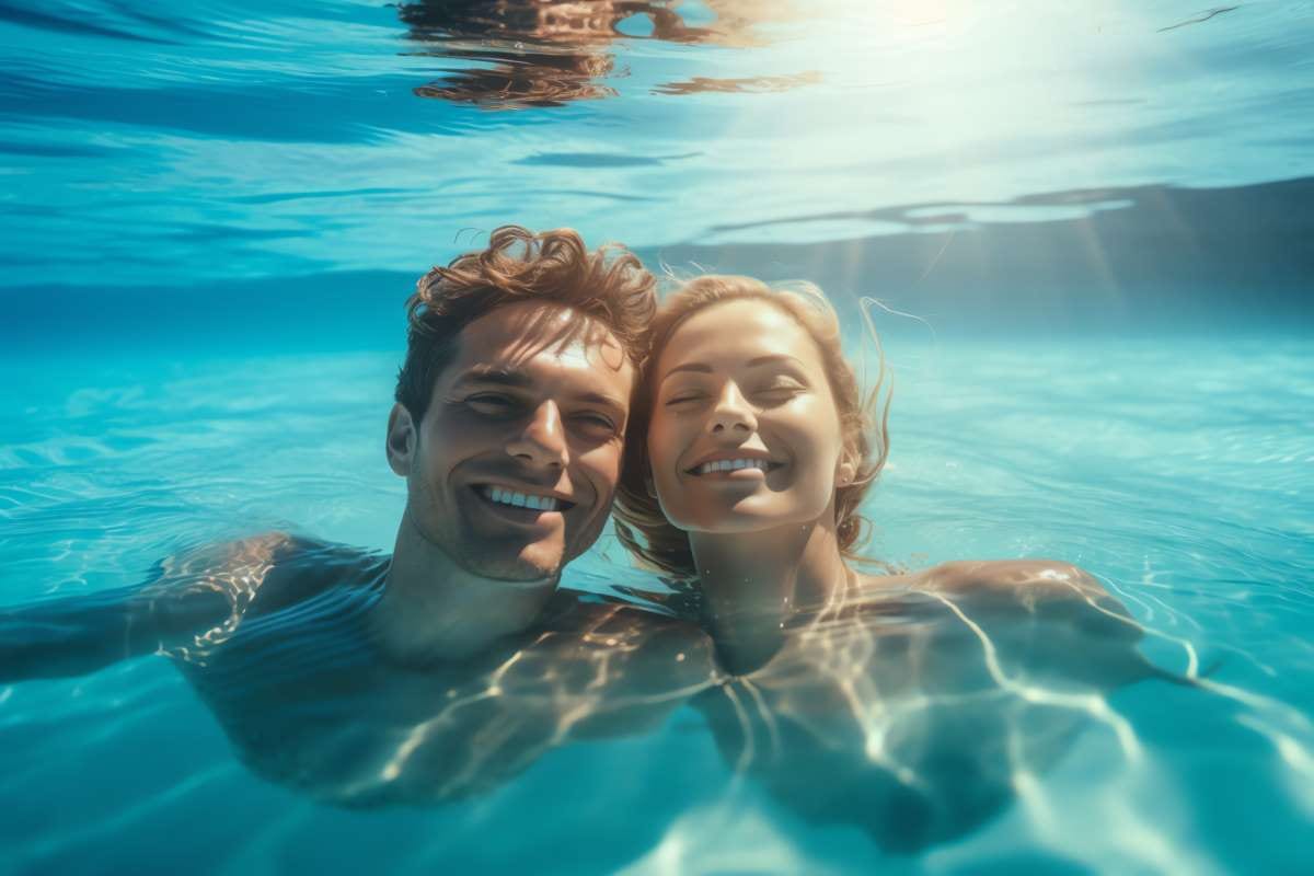 Couple swimming in a sunlit pool with faces turned toward the light