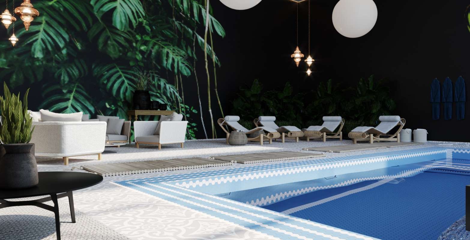 Indoor spa pool with blue and white tiled walls in an oriental-style complex