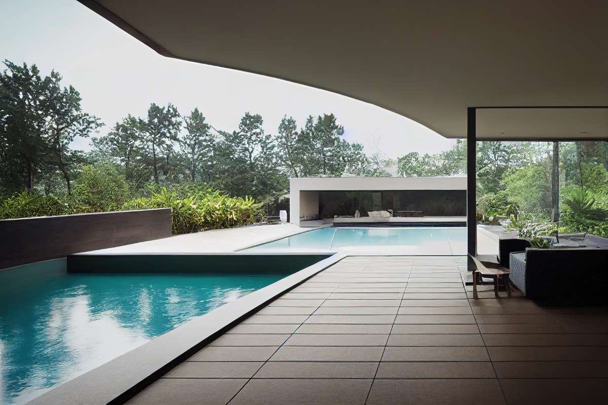 Large swimming pool with trees in the background