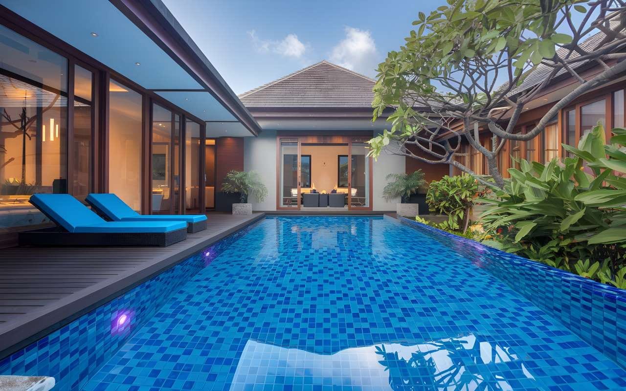 Modern Australian backyard with tile pool and luxury outdoor living area