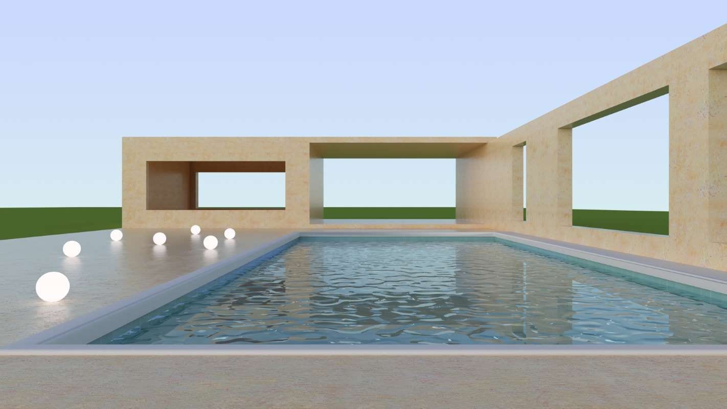 Minimalist poolside architecture with spherical lights under a blue sky