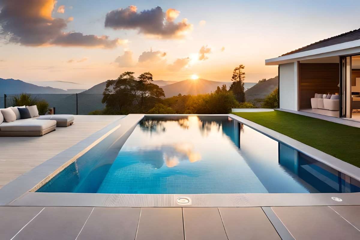Pool house at sunset with warm evening light