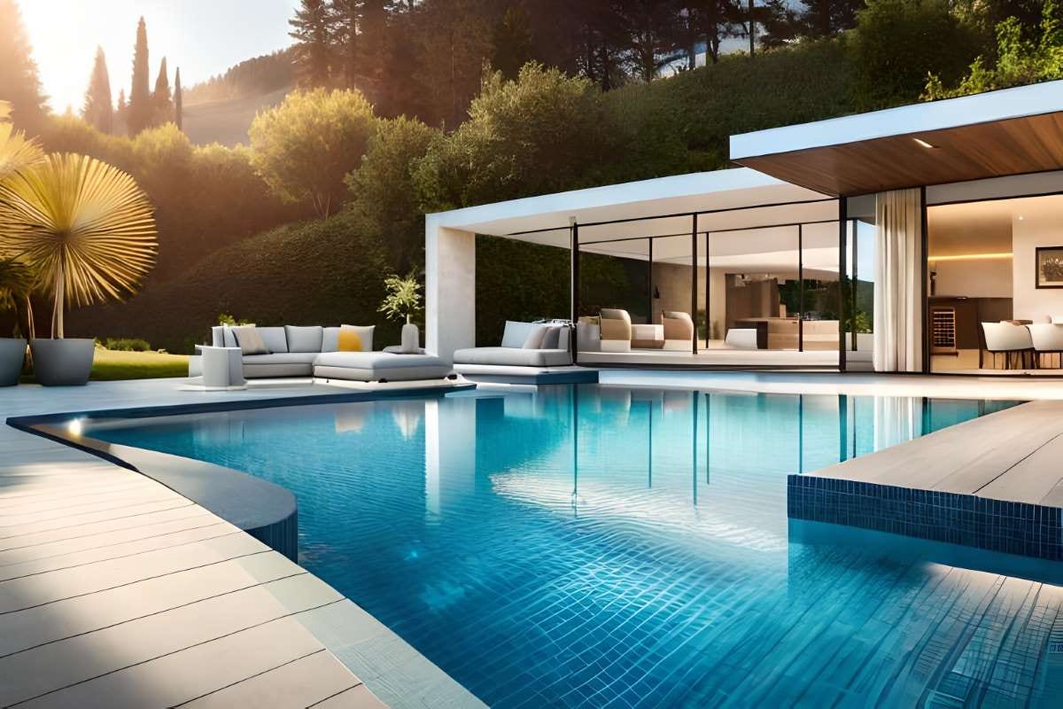Architect-designed pool lounge area with modern seating and relaxed outdoor style