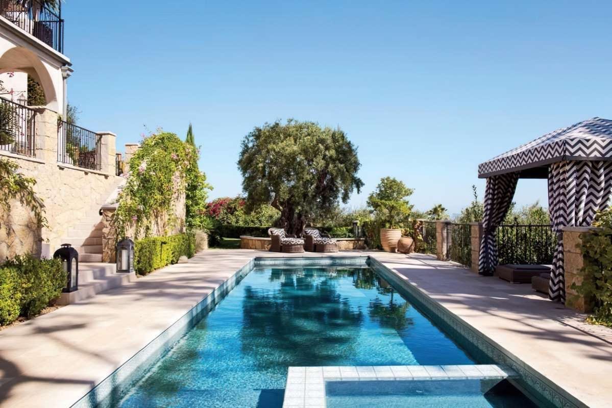 Pool with a house and tree in the background