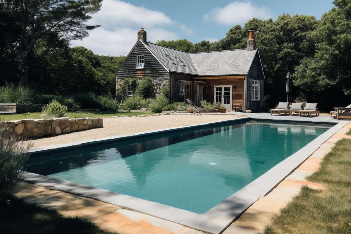 Backyard pool beside a house, suggesting a residential service setting