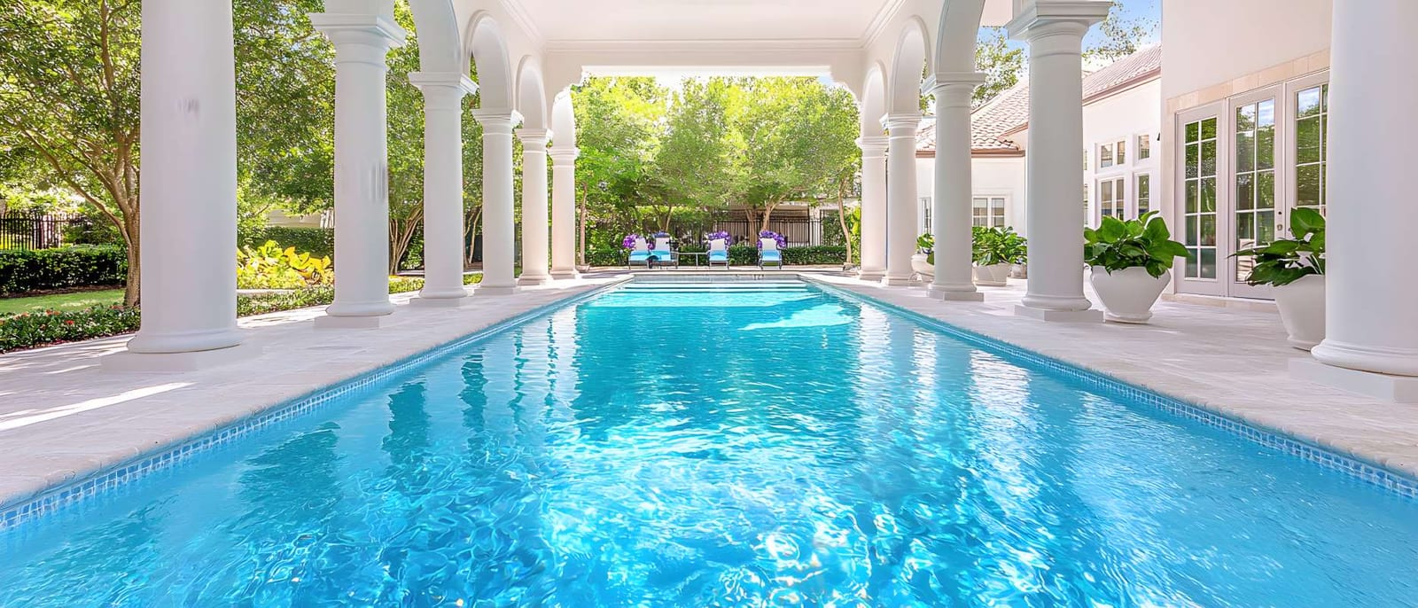 Pool with a white archway beside it