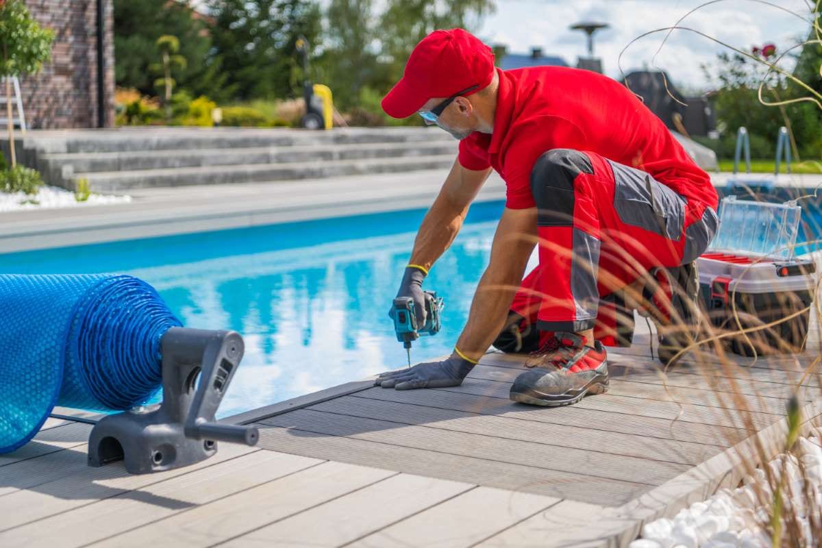 Residential backyard pool deck under construction