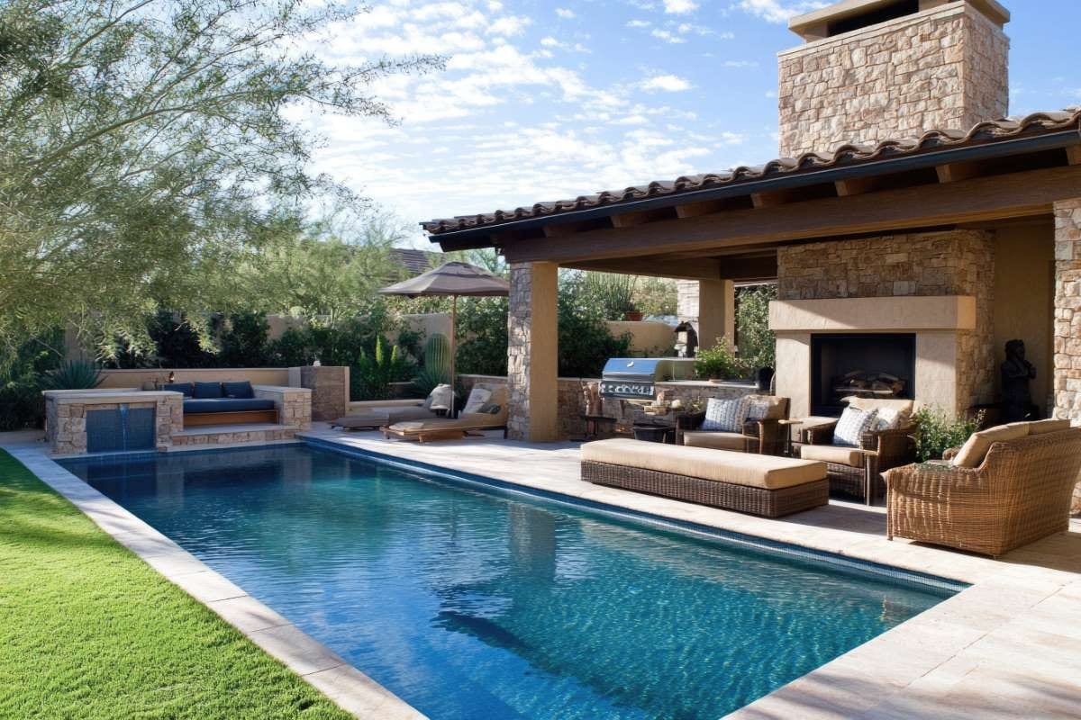 Luxury Scottsdale backyard oasis with patio, pool, and summer fireplace