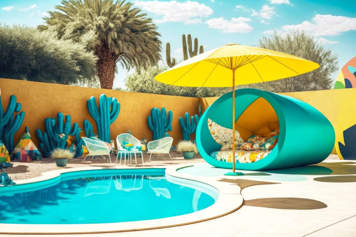 Backyard swimming pool with children’s slide and parasol