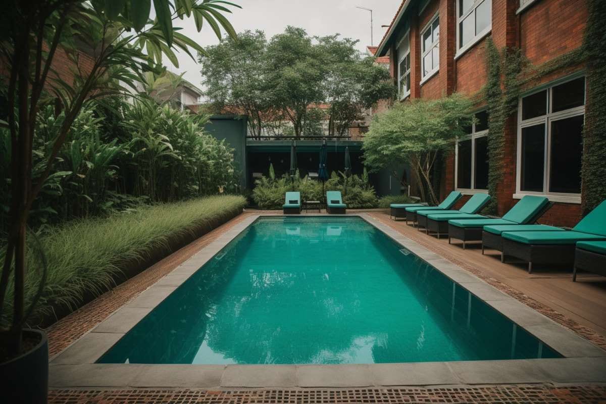 Swimming pool with relaxing lounge chairs and seating