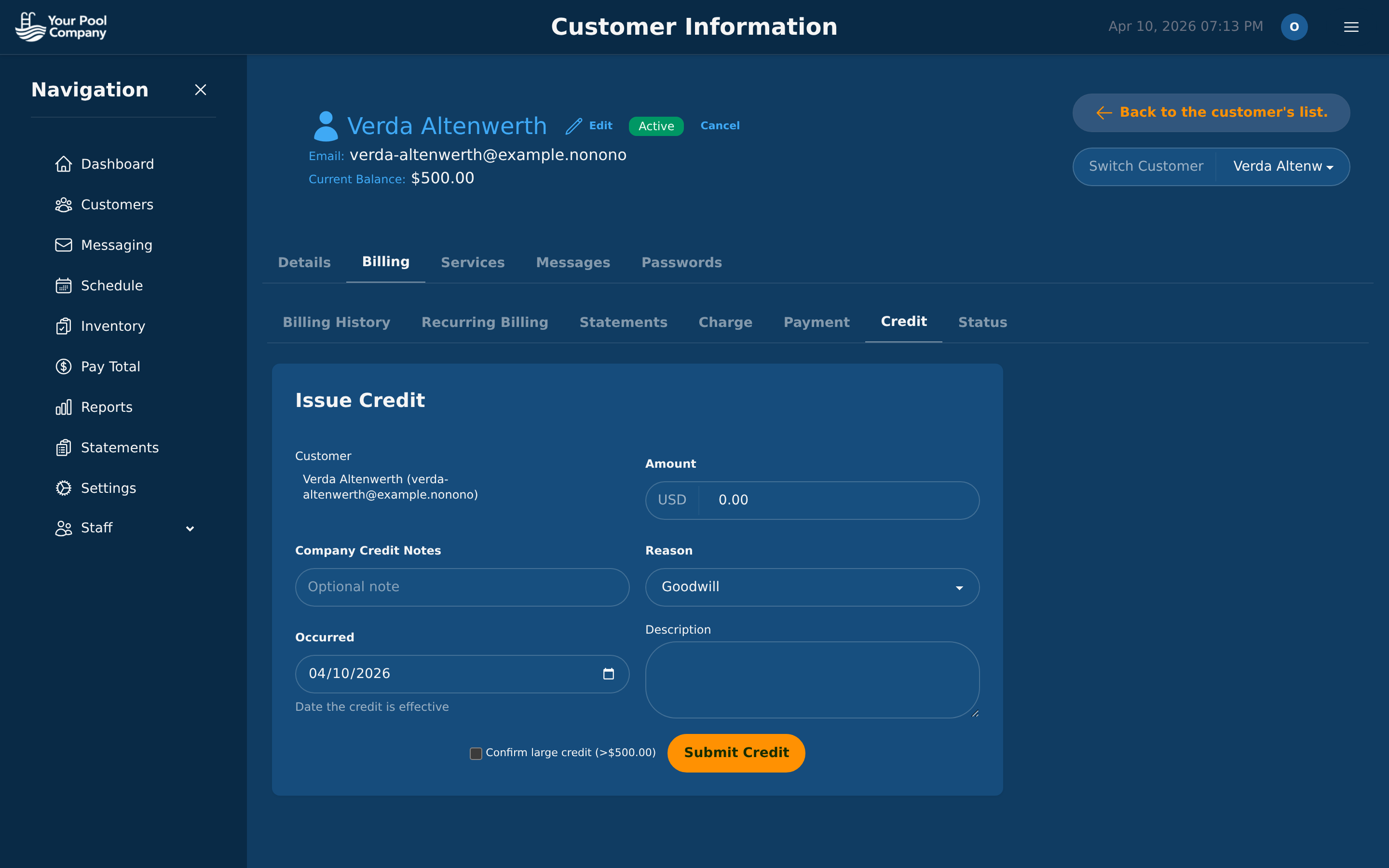 Issue Credit form with amount, reason (goodwill/adjustment/error), and confirmation for large credits
